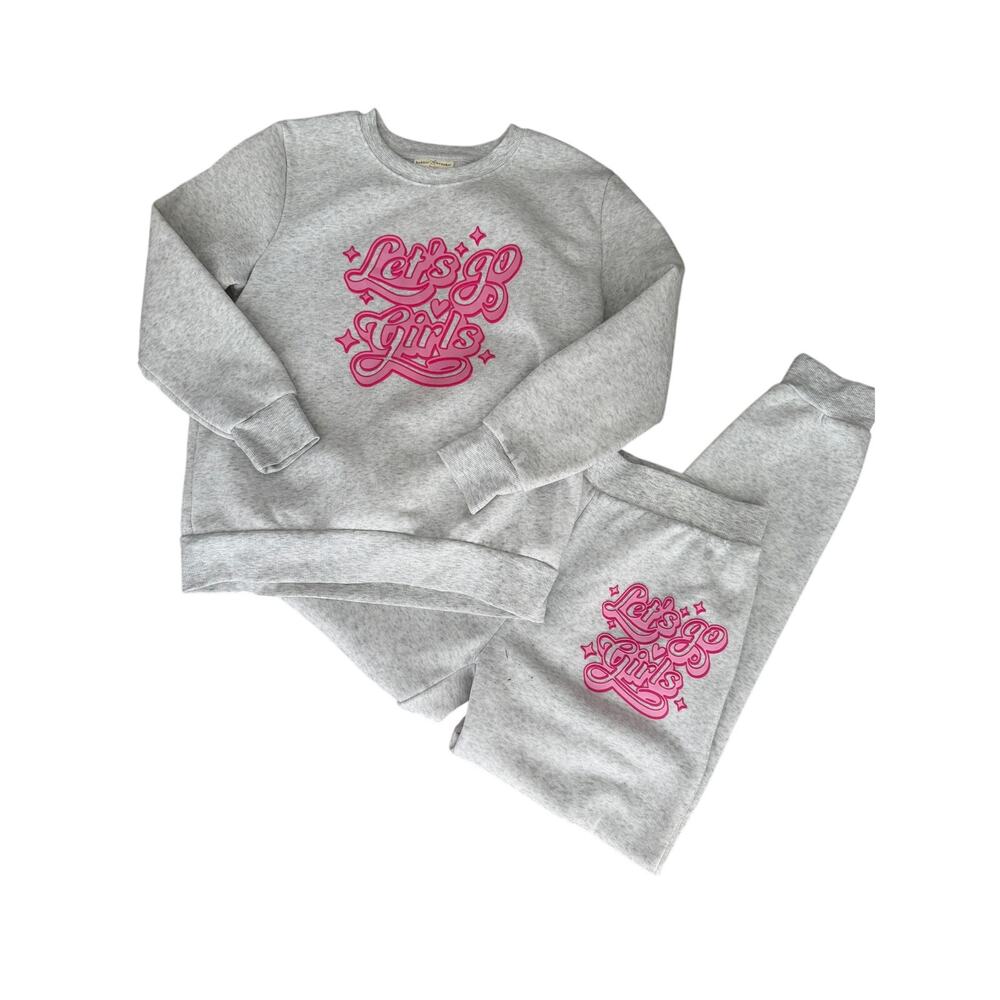 Gray Pink Lets Go Girls Graphic Print Sweatsuit- Sweater and Joggers Size Medium